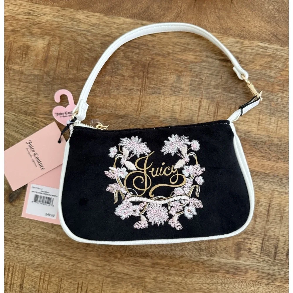 Juicy Couture Juicy In Bloom Velvet Wristlet Bag Black Floral NWT‎ Y2K